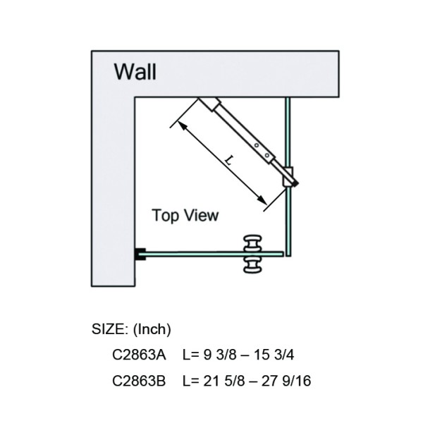 C2863,  FRAMELESS SHOWER DOOR, SQUARE FIXED PANEL WALL TO GLASS SUPPORT BAR