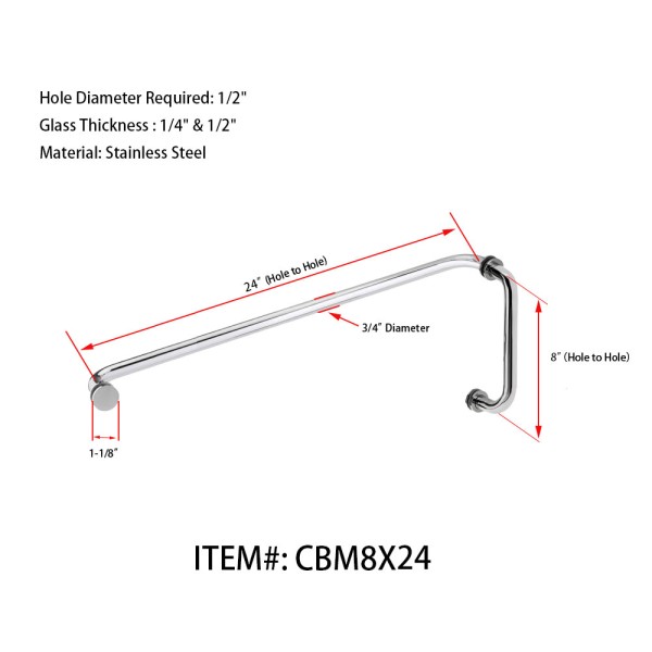 CBM8X24, Tubular 8" Pull Handle with 24" Towel Bar, Pull handle Towel Bar Combination Sets