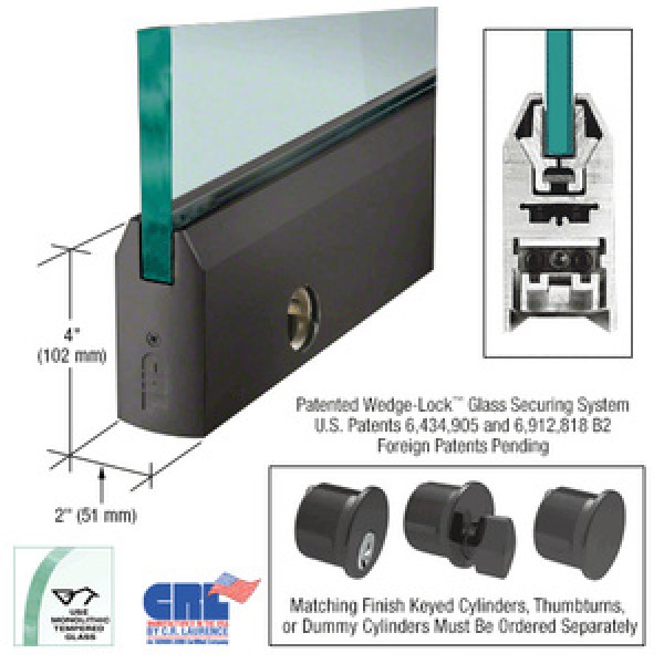 DR4T12SL,CRL  1/2" Glass 4" Tapered Door Rail With Lock - 35-3/4" Length
