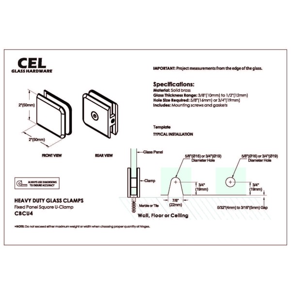 CBCU4 Fixed Panel Beveled, Wall / Ceiling Mount Heavy Duty Glass U Clamp