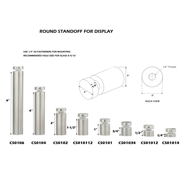 1" Ø Diameter Round Standoff for Display, Stainless steel 316