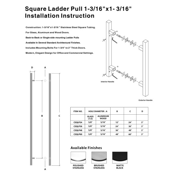 CSQLP Square Ladder Pull, Back-to-Back Entrance Door Handle, Stainless Steel 304 Tube in 1/16" Thickness