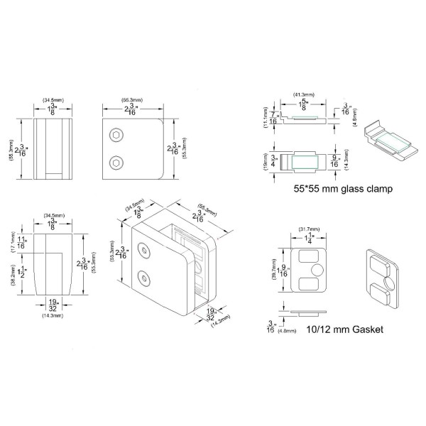 CZP712F, Heavy Duty Square Flat Back Glass Clamp 55 x 55 mm for 3/8″ or 1/2″ Tempered Glass or Laminated Glass