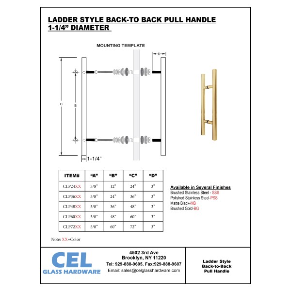 CLP Ladder Style, Back-to-Back Pull Entrance Door Handle, Stainless Steel 304 Tube in 1/16" Thickness