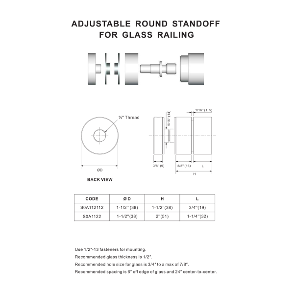 1-1/2" Ø Diameter Standoff, Adjustable Round Standoff for Glass Railing, Stainless steel 316